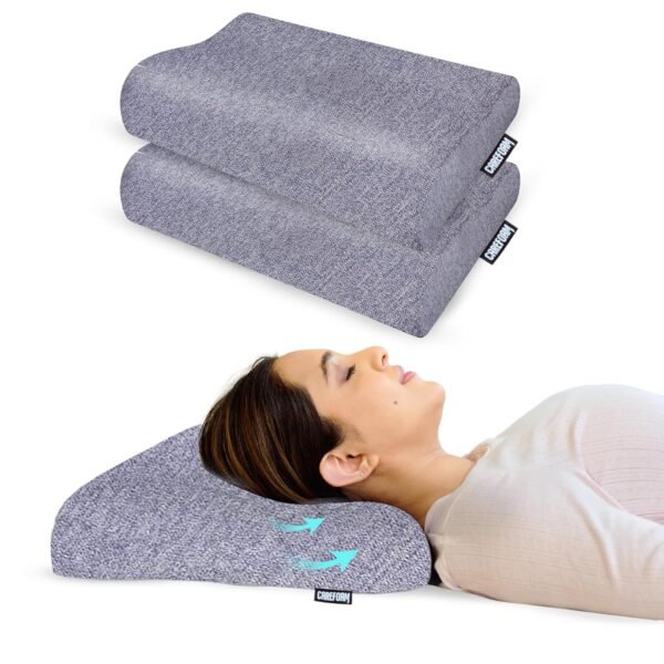 CareFoam Memory Foam Cervical Neck Pillow | 2 Years Warranty | Pain Relief Sleep, Improves Posture Spinal Alignment, Neck Pain Relief | 23 x 14 x 4.5 Inch | Blue Melange Cover | Pack of 2