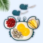 Crab Silicone Suction Plates for Baby & Toddlers with Feeding Spoon and Fork Set | Microwave & Refrigeration Safe | Non-Toxic Food Grade Silicone Set | Perfect Baby Gift Dinner Set | (Blue)