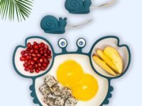 Crab Silicone Suction Plates for Baby & Toddlers with Feeding Spoon and Fork Set | Microwave & Refrigeration Safe | Non-Toxic Food Grade Silicone Set | Perfect Baby Gift Dinner Set | (Blue)