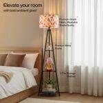 Crosscut Furniture Metal Printed LED Floor Lamp with 3 Shelves (Retro Robin), White