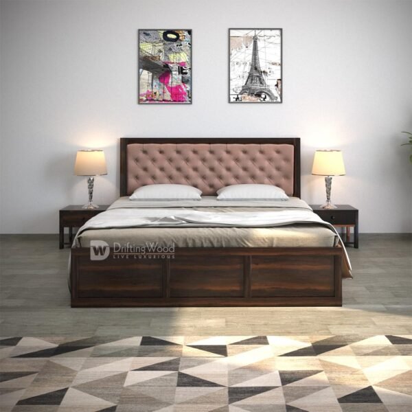 DRIFTINGWOOD Dolvi Solid Sheesham Wood Queen Size Bed with Storage | Wooden Double Bed Cot Bed with Box Storage & Matt Pink Velvet Upholstered Cushioned Headboard for Bedroom | Walnut Finish