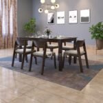 DRIFTINGWOOD Liana Solid Sheesham Wood Dining Table 6 Seater | Wooden Six Seater Dinning Table with Beige Cushion Chairs | Dinner Table 6 Seater | Dining Room Sets | Self Assembly Walnut Finish