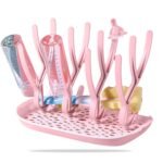 DaKos Baby Bottle Drying Rack, Baby Bottle Drying Stand, Drainer for Baby Bottles, Feeding Cup Nipple Storage with Detachable Tray, Compact and Portable Stylish Design (Pink)