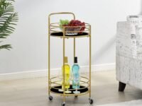 Décor Service Cart with 2 Tier Storage Shelves Bar Cart with Wooden Top, Kitchen Utility Trolley on Wheel Lockable for Dining Room-Black Gold