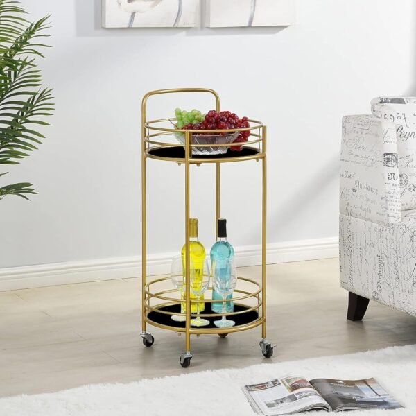 Décor Service Cart with 2 Tier Storage Shelves Bar Cart with Wooden Top, Kitchen Utility Trolley on Wheel Lockable for Dining Room-Black Gold