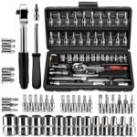 EBRI 46 Pieces 1/4 Inch Drive Industrial Grade Socket Ratchet Wrench Set, with Bit Socket And Screwdriver Set Metric and Extension Bar for Auto Repairing and Household, With Thickened Storage Case