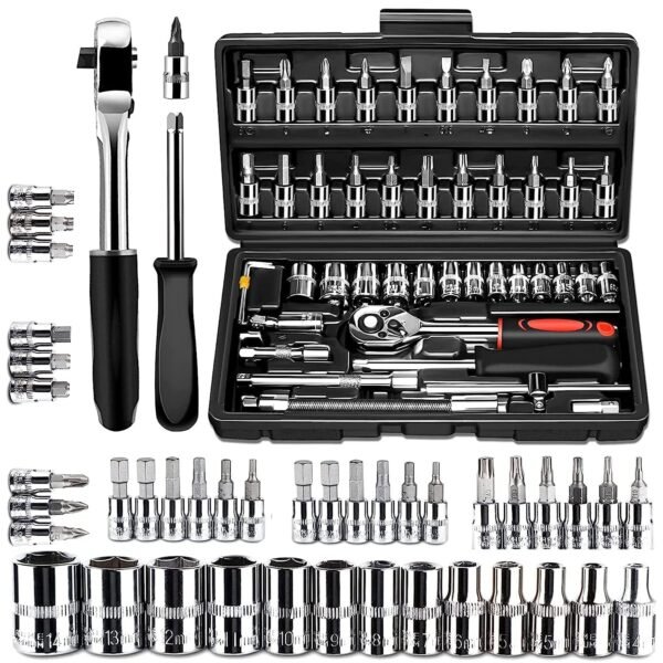 EBRI 46 Pieces 1/4 Inch Drive Industrial Grade Socket Ratchet Wrench Set, with Bit Socket And Screwdriver Set Metric and Extension Bar for Auto Repairing and Household, With Thickened Storage Case