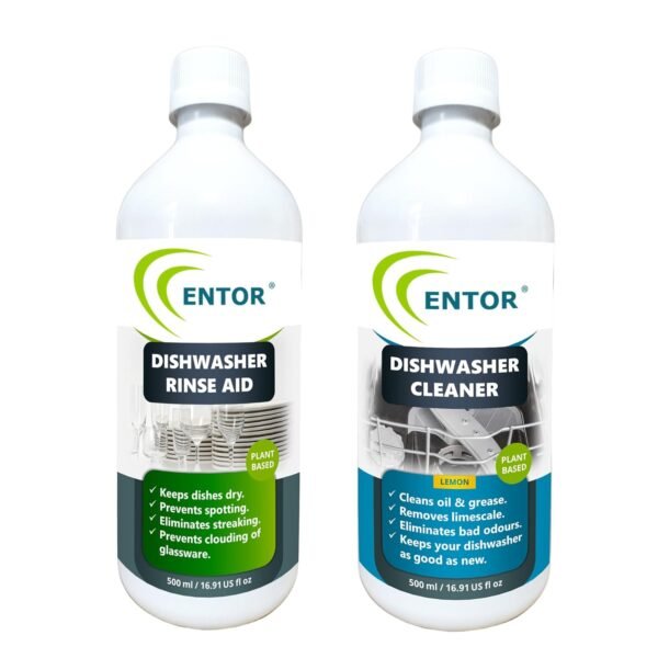 Entor Dishwasher Rinse Aid + Dishwasher Cleaner combo | For Automatic Dishwashers | Plant Based Surfactants | Biodegradable | Pack of 2 (500 ml each)