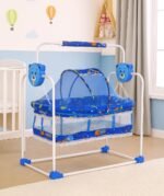 FLIPZON Premium New Born Baby Cradle with Swing & Mosquito Net | 0-13 Months | Wheels | Safety Belt with Lock | Sturdy & Safe | Polypropylene/Mild Steel | J1-Blue