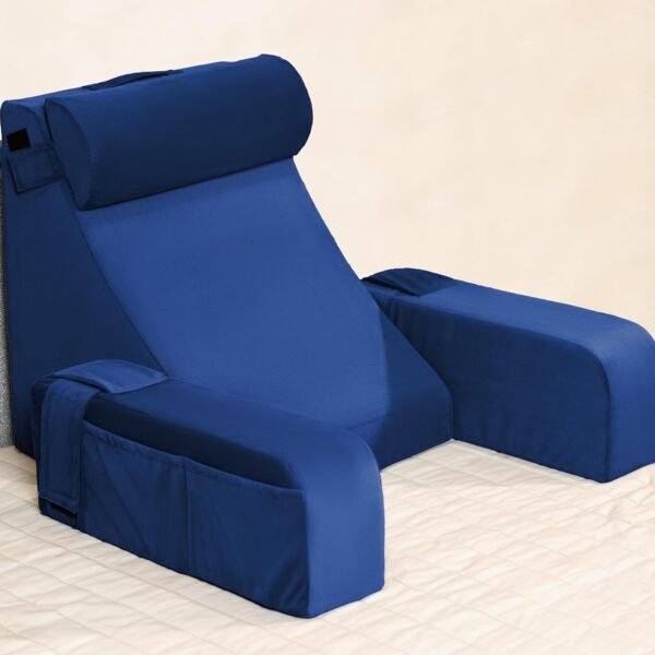FOVERA Reading Pillow with Arm Support & Headrest | Backrest Pillow for Bed | High-Resilience Foam Bed Back Support Pillow for Reading, Working & Relaxing | Removable Velvet Cover (Navy Blue)