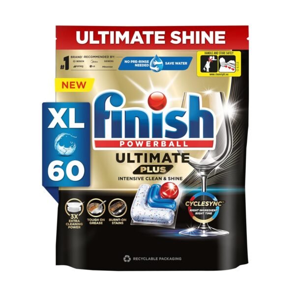 Finish 60 Tablets Powerball Ultimate Plus Dishwasher Tablets | Best ever Clean & Shine | 3X Extra Cleaning Power | Tough on Grease| Burnt-on Stains | World's #1 Dishwashing Brand