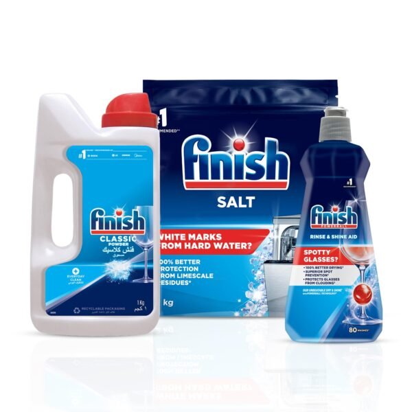 Finish Dishwasher Rinse Aid Liquid, Shine & Dry - 400ml + Dishwasher Salt - 2Kg + Dishwasher Detergent Powder- 1Kg | World's #1 Recommended Dishwashing Brand