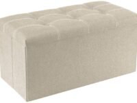 Folding Storage Ottoman Long Shoes Sofa Bench Fabric Linen Footrest Stool for Laundry Storage Space End of Bed Seat Toys Storage Organizer Bin Box with Lidded Cover (76X38X38 CM, Beige)