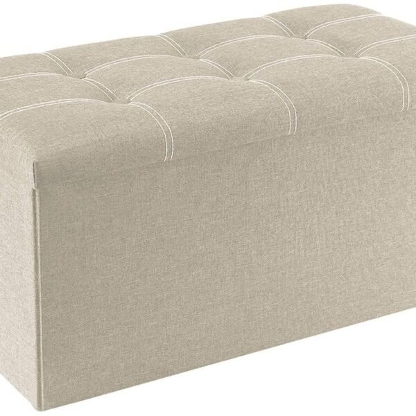 Folding Storage Ottoman Long Shoes Sofa Bench Fabric Linen Footrest Stool for Laundry Storage Space End of Bed Seat Toys Storage Organizer Bin Box with Lidded Cover (76X38X38 CM, Beige)