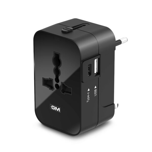 GM 3064 Universal Charger with 240V Power Output | International Travel Adapter with Port Type C - 3.1Amp and Type A - 2.1Amp Output | LED Indicator | for 150+ Countries US,UK,EU,AUS,Etc - Black