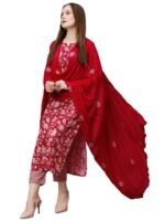 GoSriKi Women's Cotton Blend Printed Straight Kurta with Pant & Dupatta