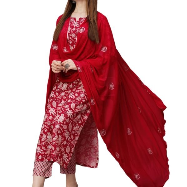 GoSriKi Women's Cotton Blend Printed Straight Kurta with Pant & Dupatta