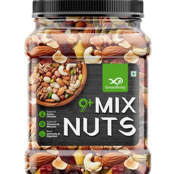GreenFinity Healthy Nutmix 500 Gram | Jar Pack | Dried Almonds, Black Raisins, Cashewnuts, Cranberries, Green Raisins, Walnut Kernels & Many More