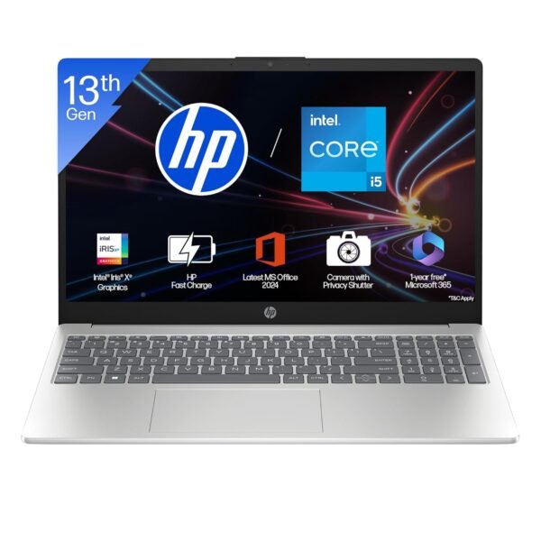 HP 15, 13th Gen Intel Core i5-1334U, (16GB DDR4,512GB SSD) Anti-Glare, Micro-Edge, FHD, 15.6''/39.6cm, Win11, M365 Basic(1yr)* Office24, Silver, 1.59kg, fd0577TU, Iris Xe, FHD Camera w/Shutter Laptop