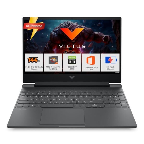 HP Victus, AMD Ryzen 7 7445HS, 4GB RTX 2050, 16GB DDR5(Upgradable) 512GB SSD, FHD, 144Hz, 300 nits, IPS, 15.6''/39.6cm, Win11, M365* Office24, Mica Silver, 2.29kg, fb3123AX, Backlit, Gaming Laptop