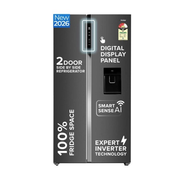 Haier SmartChoice 596L 3Star 2-Door Water Dispenser Side by Side Frost Free Refrigerator|Convertible|Smart Sense AI | Expert Inverter|Digital Display Panel (2025 Model, HRS-682WGKU1, Graphite Black)