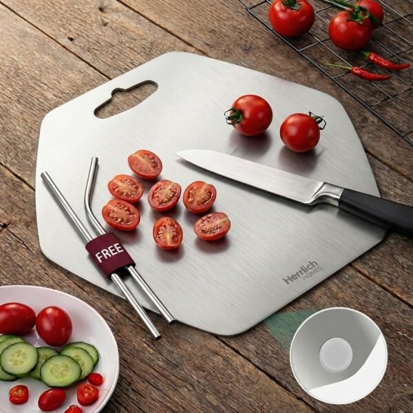 Herrlich Homes Premium 304 Stainless Steel Hexagonal Chopping Board for Kitchen | 34 x 31 cm | with 2 Steel Straw & Anti-Skid Silicon Pad | Reversible | for Cutting Vegetables, Fruits, Meat | Medium