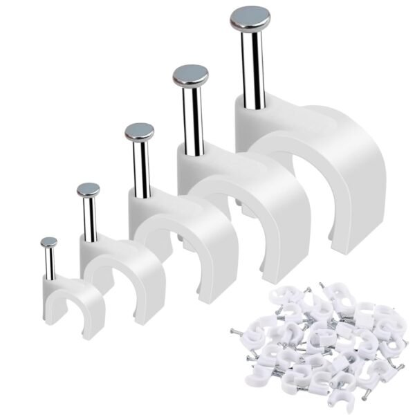 Hi-PLASST 500pcs Cable Clips Combo (4mm, 6mm, 8mm, 10mm, 12mm) with Metal Nails – Cable Management & Organizer Clips, Heavy Duty Wire Clamps for Home & Office, Pack of 5 (100 Clips per Size)
