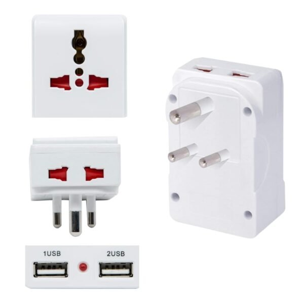 Hi-Plasst Universal Multiplug with Dual USB Ports | India Adapter for USA Devices | 3-Pin Socket with Type-D Plug | Adapter Plug with LED Indicator, Travel Adapter for Home, Office & On-The-Go Use