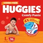 Huggies Comfy Pants Baby Diaper, Large (L) Size (9-14 Kgs), Pack of 96 (32 Count, Pack of 3)