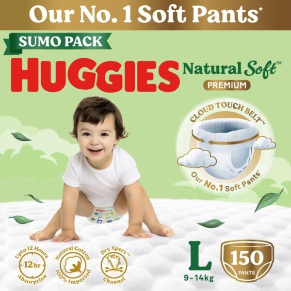 Huggies Natural Soft Premium Baby Diaper Pants, Our No.1 Soft Pants, Large (L) Size (9-14 Kgs), Sumo Pack of 150 diapers | Cloud Softness All over with India's 1st Cloud Touch BeltTM