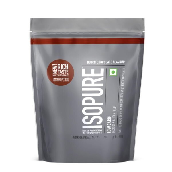 Isopure Whey Protein Isolate Powder with Vitamins for Immune Support & Biotine- 500g (Dutch Choc), Lactose-Free, Gluten-Free, Veg protein for Men & Women.