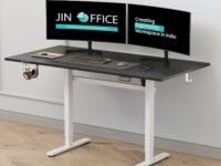 JIN OFFICE Octave Height Adjustable Desk Electric | 80 Kg Wt. Cap, 2 Year Warranty| Standing Desk with Memory Preset, Cup Holder| Stability Crossbar (White Frame | Black Top, 1500 x 750 mm)