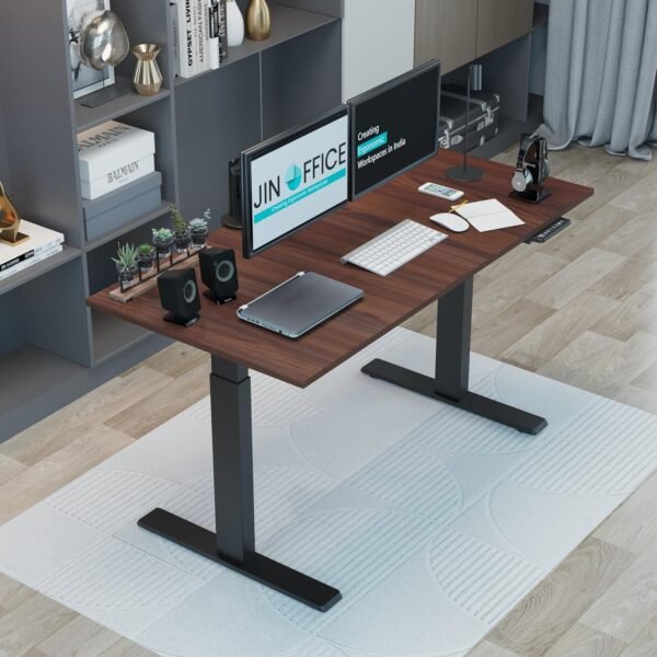 JIN OFFICE Titan Premium Dual Motor 3-Stage Electric Height Adjustable Desk| Sit Stand Table| Standing Desk Ergonomic with 125Kg Wt. Cap, 3 Year Warranty (Black Frame | Brown Top, 1500 x 750 mm)