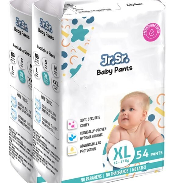 Jr. Sr. Baby Diaper Pants | Extra Large (XL) Size (12-17 kg), 108 Count | Pack of 2 | Upto 12 hr Absorption with Advanced Leak Protection | Safe For Babies Skin | Soft, Secure & Comfy