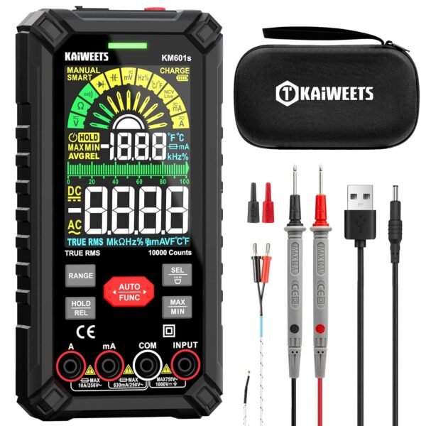 KAIWEETS Multimeter Tester 10000 Counts TRMS, Rechargeable Smart Digital Multimeter with Auto Ranging, Voltmeter Measures Voltage Current Resistance Continuity Duty-Cycle Capacitance Frequency