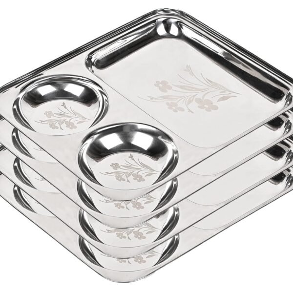 KC Stainless Steel Laser Partition Plate 3 in1 | Bhojan Thali | Dinner Plate Set of 4