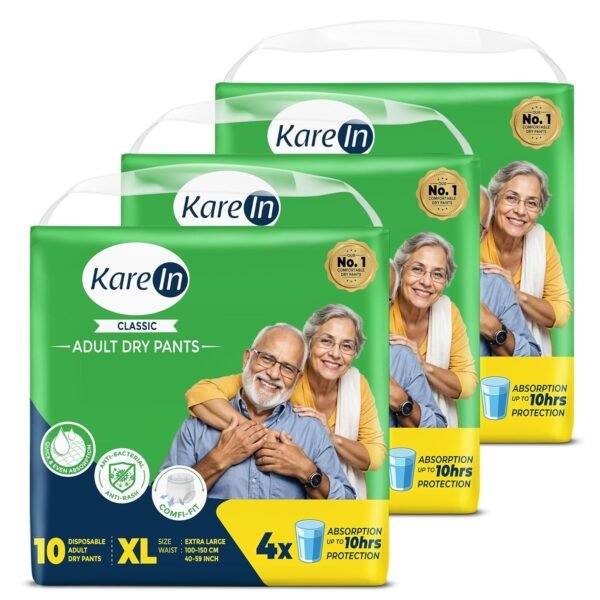 KareIn Classic Adult Diaper Pants, Extra Large 100-150 Cm (40"- 59"), 30 Count, Unisex, Leakproof, Elastic Waist, Wetness Indicator, Pack of 3