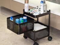 Kitchenwell Multi-Purpose Trolley Storage Organizer and Kitchen Accessories Items for Kitchen Storage Rack Square Design Fruits & Vegetable Onion Cutlery (Matt Black, 2 Layer Drawer)