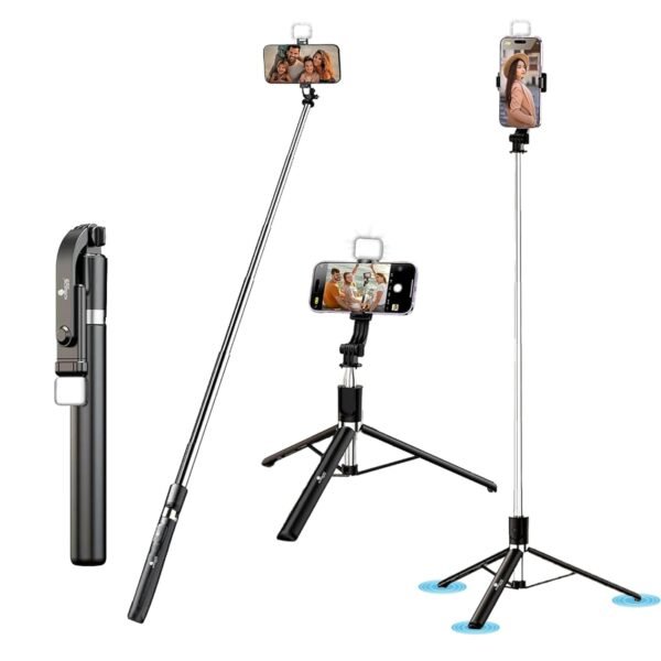 Kratos 2026, Premium K9 Selfie Stick Tripod with Light, 67 inch /170CM Tripod for Mobile Phone, Multi-Functional Bluetooth Long Selfie Stick for Travel, Vlogging, Compatible with All Mobile Phones