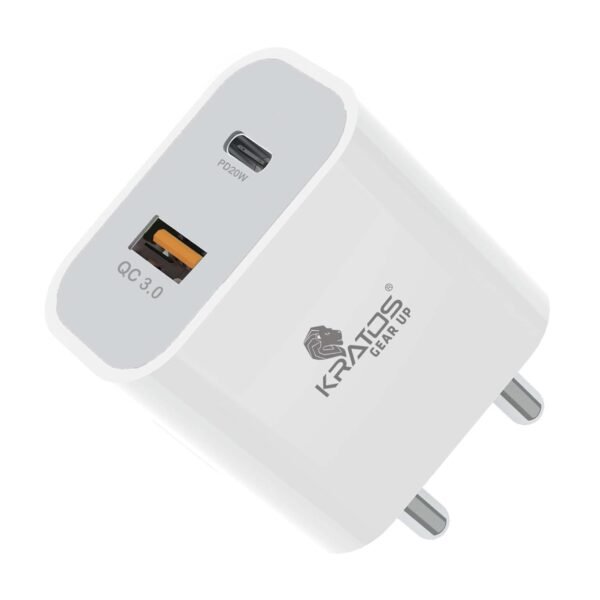 Kratos Power PQ1 45 W Charger Adapter, Dual Port (USB + Type C), Supports PD Charging via Type C Port, Compatible with Smartphones, Tablets & Smartwatch, Fast Charger Type c,White