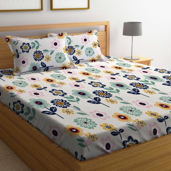 LOOMLYFE 300 TC Cotton Feel Glace Cotton Elastic Fitted Printed King Size Double Bed Bedsheet with 2 Pillow Covers Fits Upto 8 inches Mattress, Size- 72X78 Inches, BlueSunflower