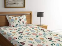 LOOMLYFE 300 TC Cotton Feel Glace Elastic Fitted Printed Single Bed Bedsheet with 1 Pillow Cover Fits Upto 6 Inches Mattress,Size- 50X75cm, PeachFlower