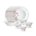 Larah by Borosil Silk Series Opalware Dinner Set | 19 Pieces for Family of 6 | Microwave & Dishwasher Safe | Bone-Ash Free | Crockery Set for Dining & Gifting | Plates & Bowls (Red Bud)