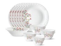 Larah by Borosil Silk Series Opalware Dinner Set | 19 Pieces for Family of 6 | Microwave & Dishwasher Safe | Bone-Ash Free | Crockery Set for Dining & Gifting | Plates & Bowls (Red Bud)