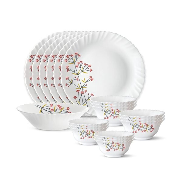 Larah by Borosil Silk Series Opalware Dinner Set | 19 Pieces for Family of 6 | Microwave & Dishwasher Safe | Bone-Ash Free | Crockery Set for Dining & Gifting | Plates & Bowls (Red Bud)