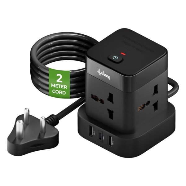 Lifelong Electronics Extension Board 7-in-1 with Switch | 4 AC Sockets + 3 USB Ports (2 Type A + 1 Type C) | Overload Protection | Desk Accessories & Multiplug Gadget | 2M Cord (Model: Cube)
