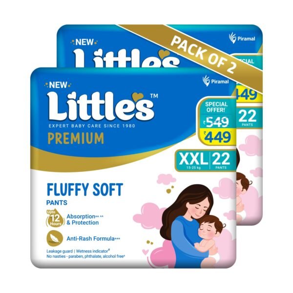 Little's Premium Baby Diapers XXL Size | Pants Style | 15-25 kg | 44 Count | FluffySoft Baby Diaper with Leakage Guard, Wetness Indicator & 12 Hours Absorption | (22 Count, Pack of 2)
