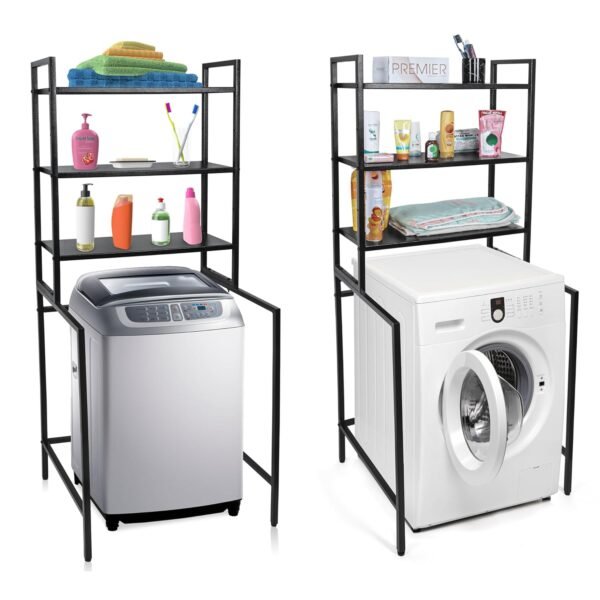 Livzing 3 Tier Adjustable Over Washing Machine Storage Rack – Powder Coated Metal Over The Toilet Space Saving Organizer – Multipurpose Storage Free Standing Shelf for Bathroom