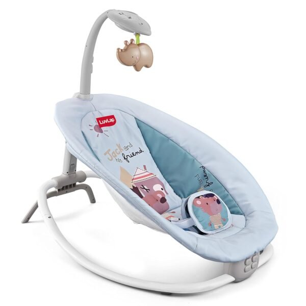 LuvLap Joy-N-Giggles Baby Rocker for Infants Mild Soothing Vibration, Music with Low Volume (Preset Music), 360° Rotating Toy Bar, 3-Point Safety Harness, Remote Control, Grey