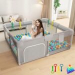 MONSTECH Large Baby Playpen 150x180cm Pit Balls Playpen for Baby up to 5 Years with Anti-Fall Rings, Safety Lock, Breathable Mesh, Kids Activity Center Play Pen (180 * 150-DarkGrey)